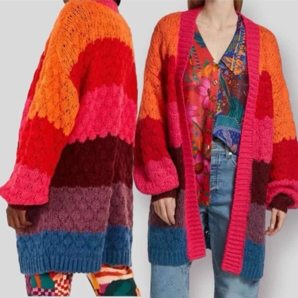 FARM RIO Striped Oversized Cardigan Multicolor Knit Puff Sleeve size XS Crochet - Image 9