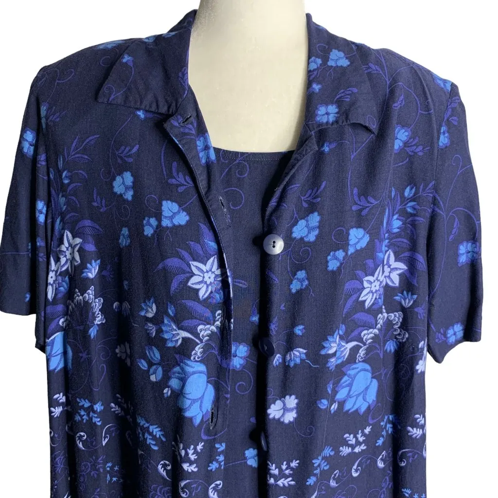 Vintage Dress Barn Maxi Dress Shirt Set 18 Blue Floral Buttons Sleeveless Rayon - Image 2