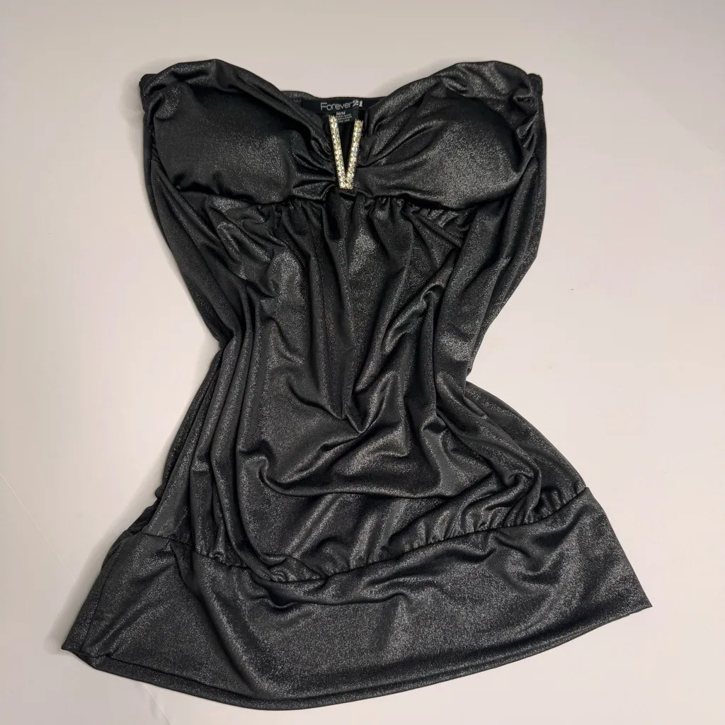FOREVER 21 Black Strapless Top Sz M Rhinestone V Club Date Night Party‎ Rave - Image 11