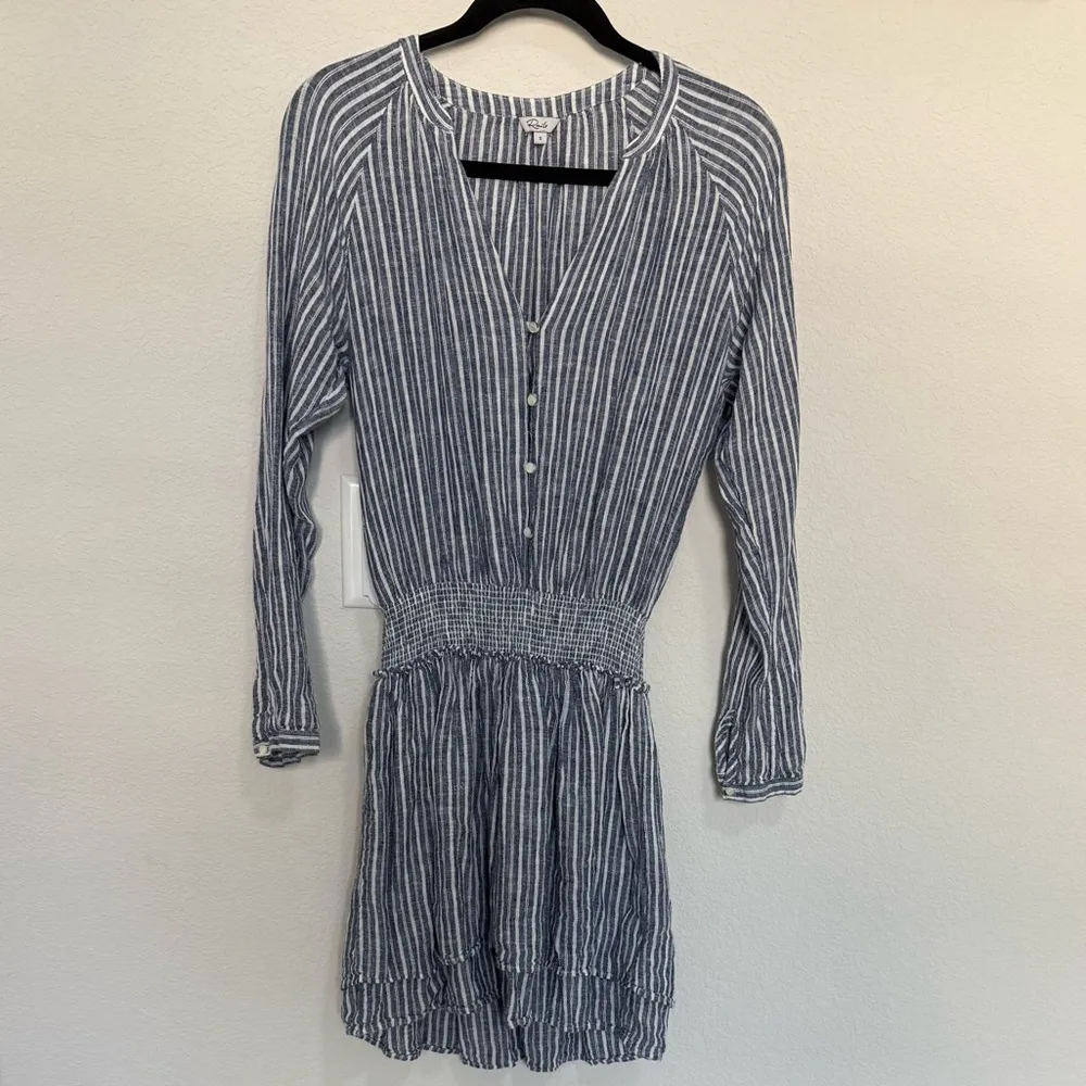 Rails Jasmine Tibet Stripe Mini Dress Size Small Blue/White Boho Linen - Image 3