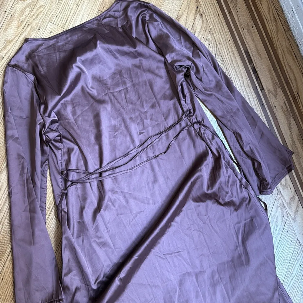 SHEIN Brown Long Sleeve A-Line Midi Dress XL, Soft Satin Feel, Tie Waist - Image 9