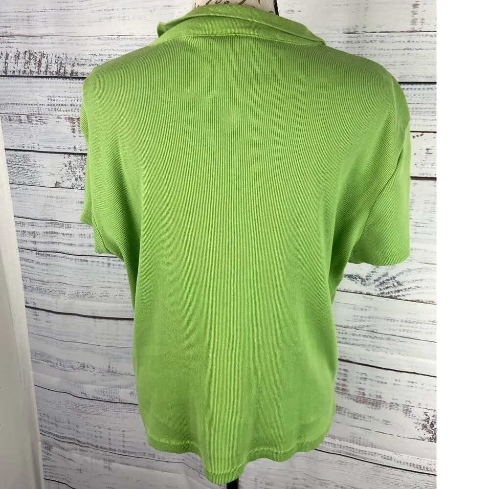 Talbots Polo Shirt Womens XL Green Short Sleeves Button Collared Cotton Ribbed - Image 4