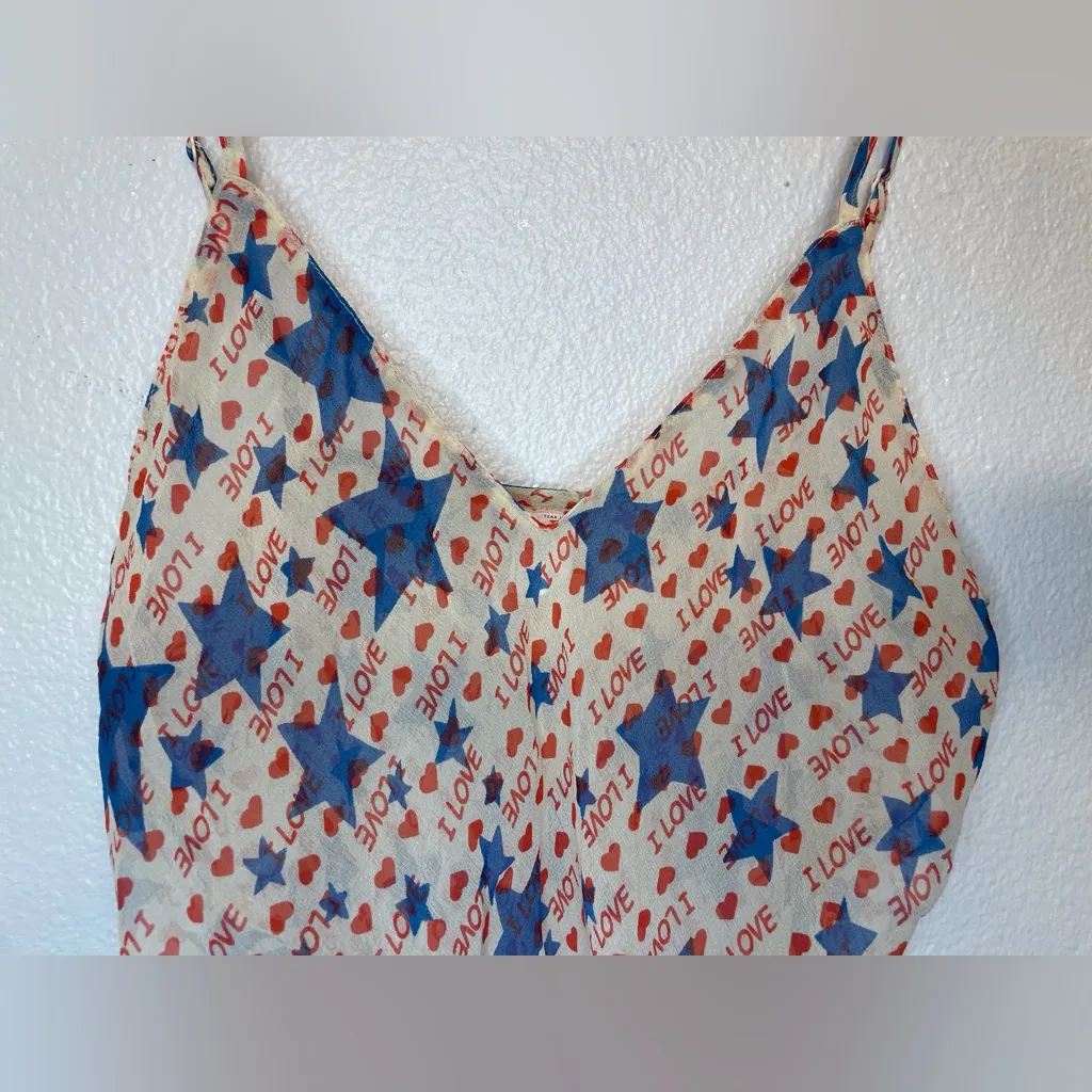 SXXXK Women’s Y2K Blue and‎ Red Star Love Print 100% Silk Top Size M Size M - Image 3