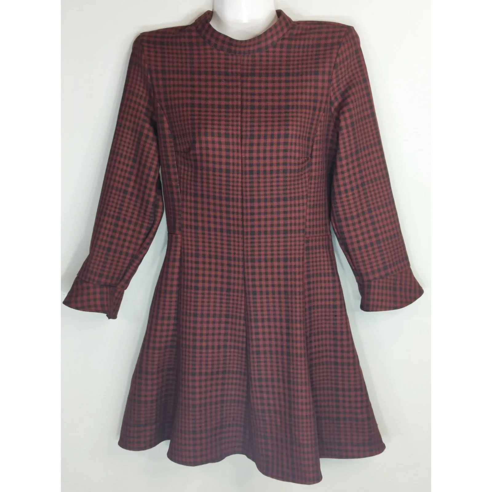 Zara Red & Black High Neck Plaid A-Line Mini Dress Women XS Skater Girl Preppy - Image 2