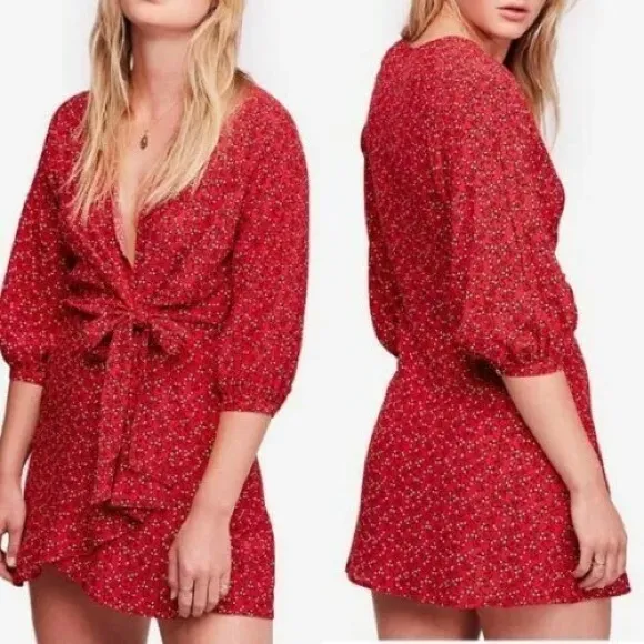 Boho Free People Clara Wrap Mini Dress Tunic Top Red Black Floral Size Medium - Image 2