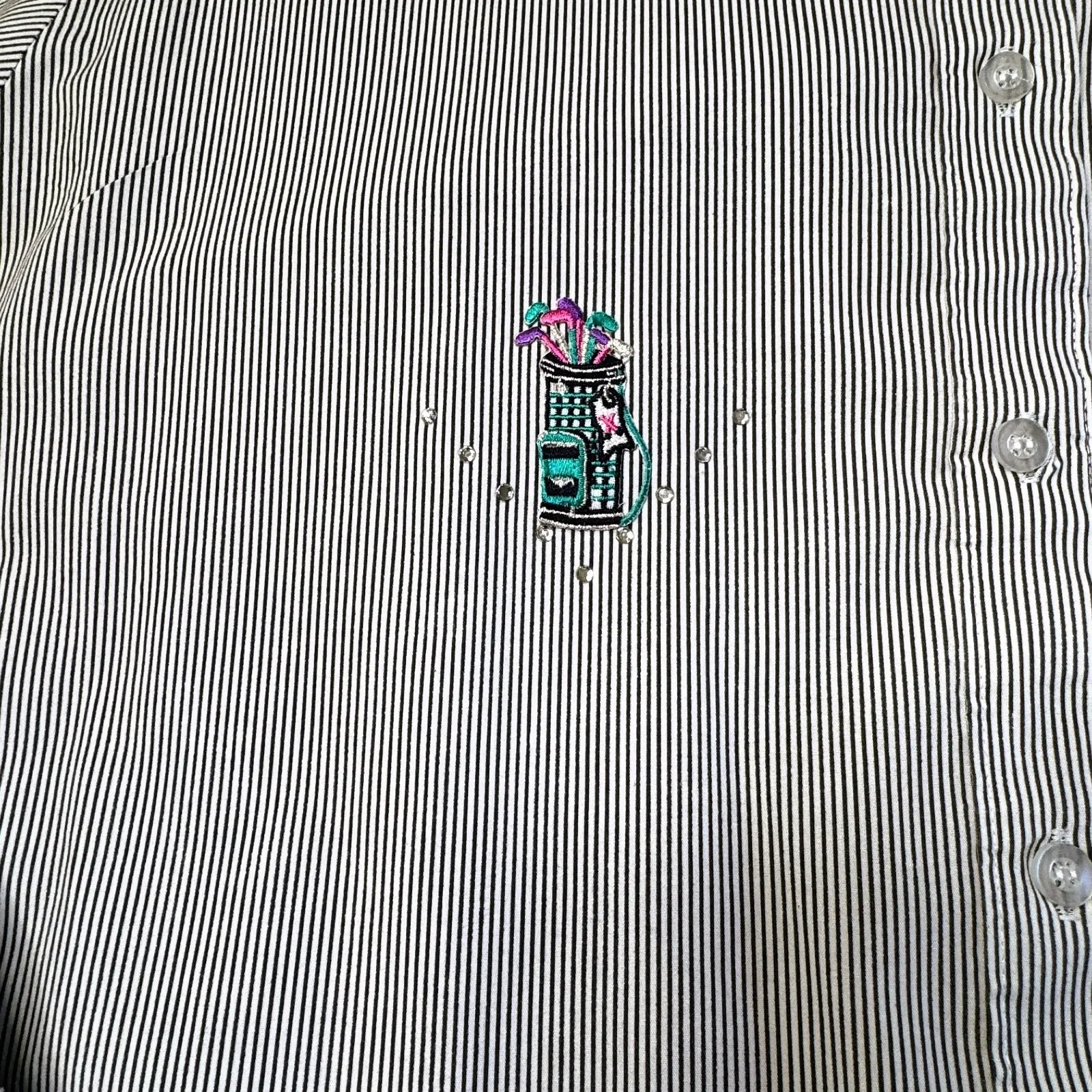 Infinity Fashions Stripe Button Up Shirt Women Large Embroidered Golf Bling VTG Blue - Image 12