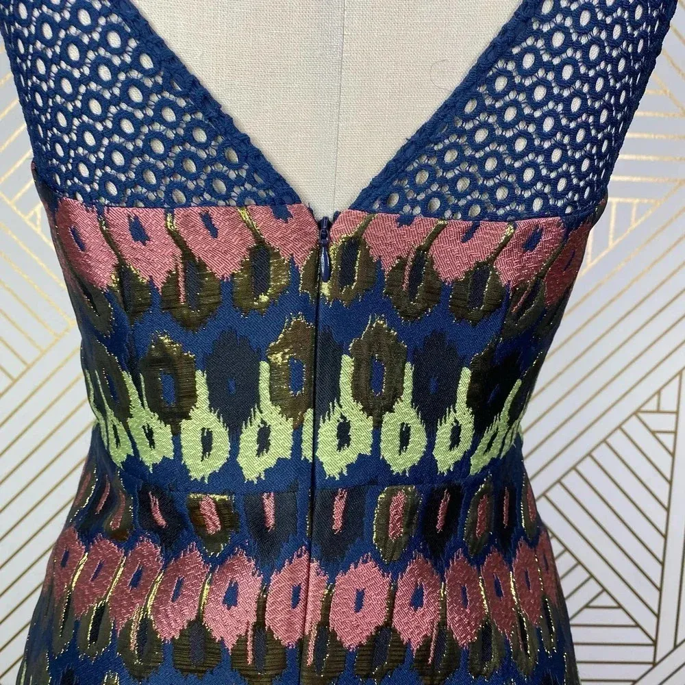 Anthropologie HD in Paris Yana Jacquard Top Blouse‎ Peplum Metallic Blue Size 2 - Image 9