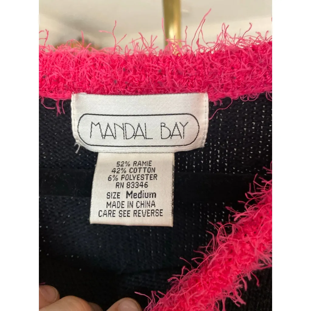 Vintage Sequin Christmas Tree Sweater Pink Trim M Festive Winter Mandal Bay Boho Black Size M - Image 4