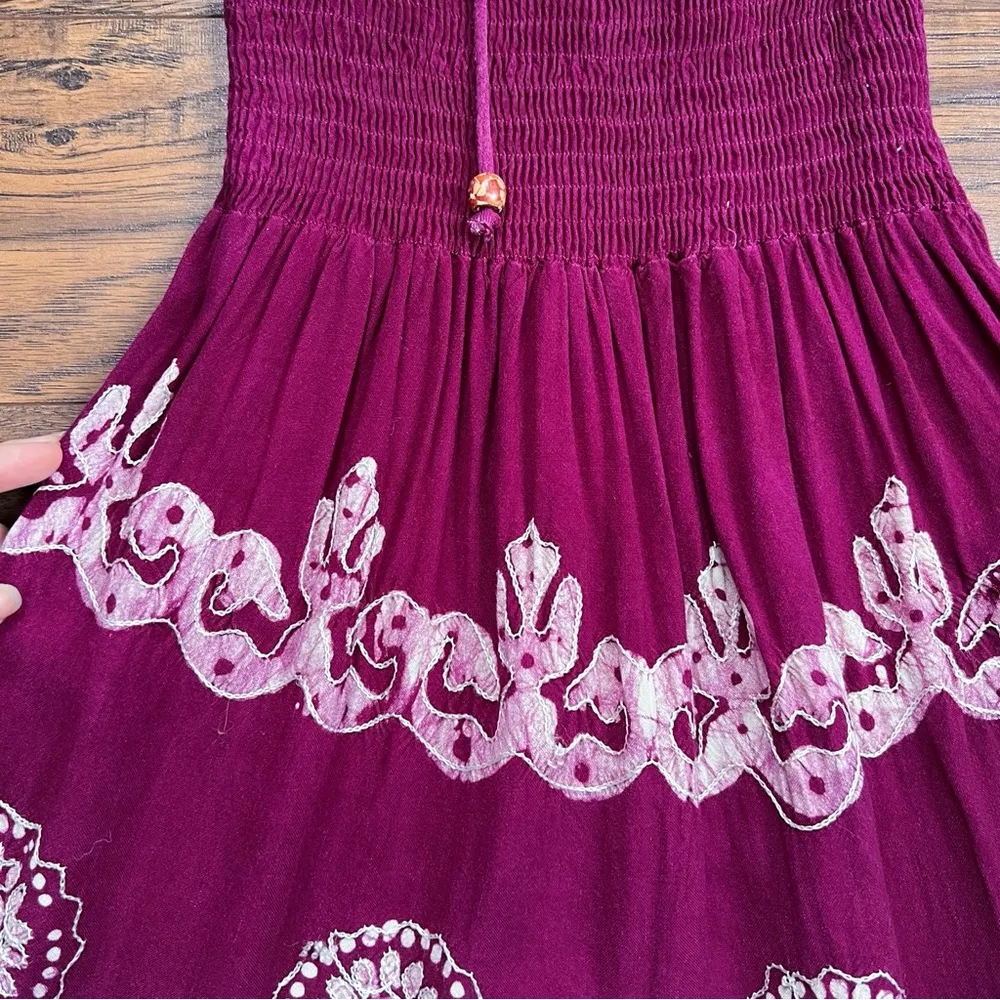 vintage • 70s batik dyed sundress smocked maroon white embroidered rayon boho - Image 8