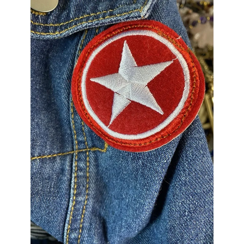 Boho VTG Style Distressed Patched Denim Fringed Raw Hem Oversized Jacket Size S - Image 4