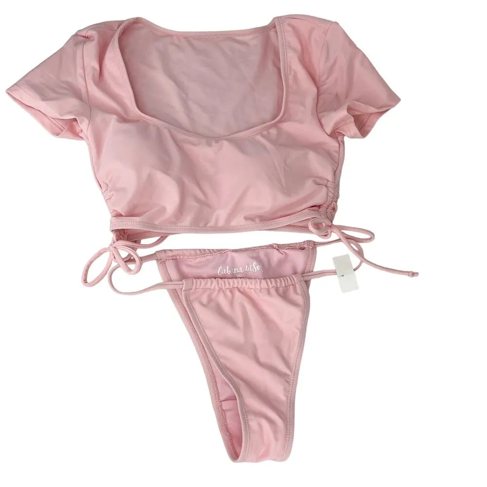 Cabana del Sol Swimsuit Bikini Pink String Short Sleeves Small New - Image 3