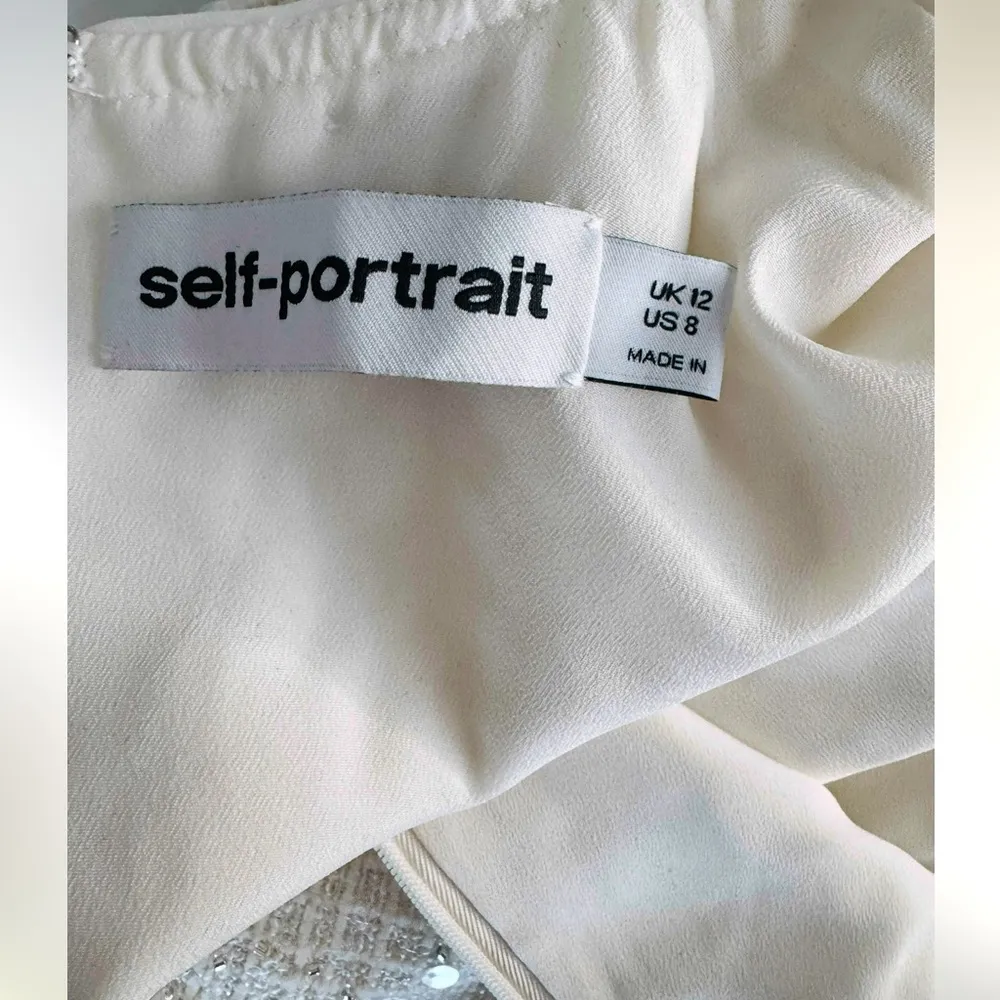 Self Portrait Authentic Cream Sequin Boucle Mini Dress Sz US 8/UK 12 Party Glam - Image 8