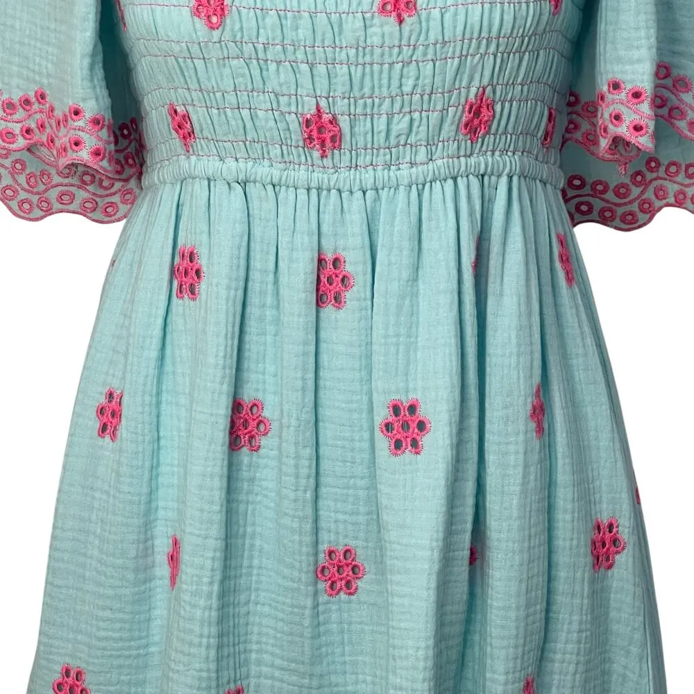 Easel Embroidered Smocked Tie Back Cotton Blue Ruffle Dress Small A Line Boho - Image 4