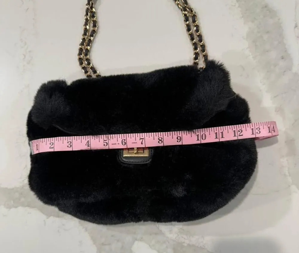 Expressions NYC Vegan Fur Bag Womens Black Faux Fur Shoulder Chain Handbag Purse - Image 9