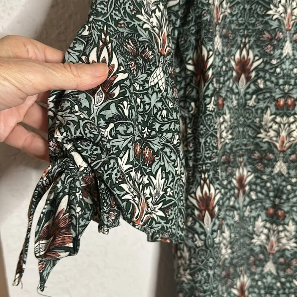 Morris & Co x H&M Green Print Dress Tie Sleeves Preppy Cottage Romantic Vacation - Image 4
