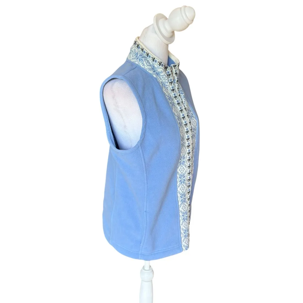 LL Bean Vest Jacket Blue Nordic Snowflake Fleece Mock Neck Full Zip Womens Med - Image 4