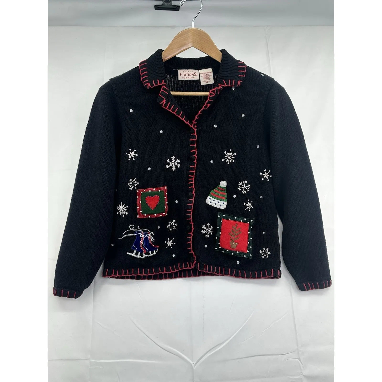 Basic Editions Black Cardigan with Festive Christmas Sweater Vintage Medium - Image 14