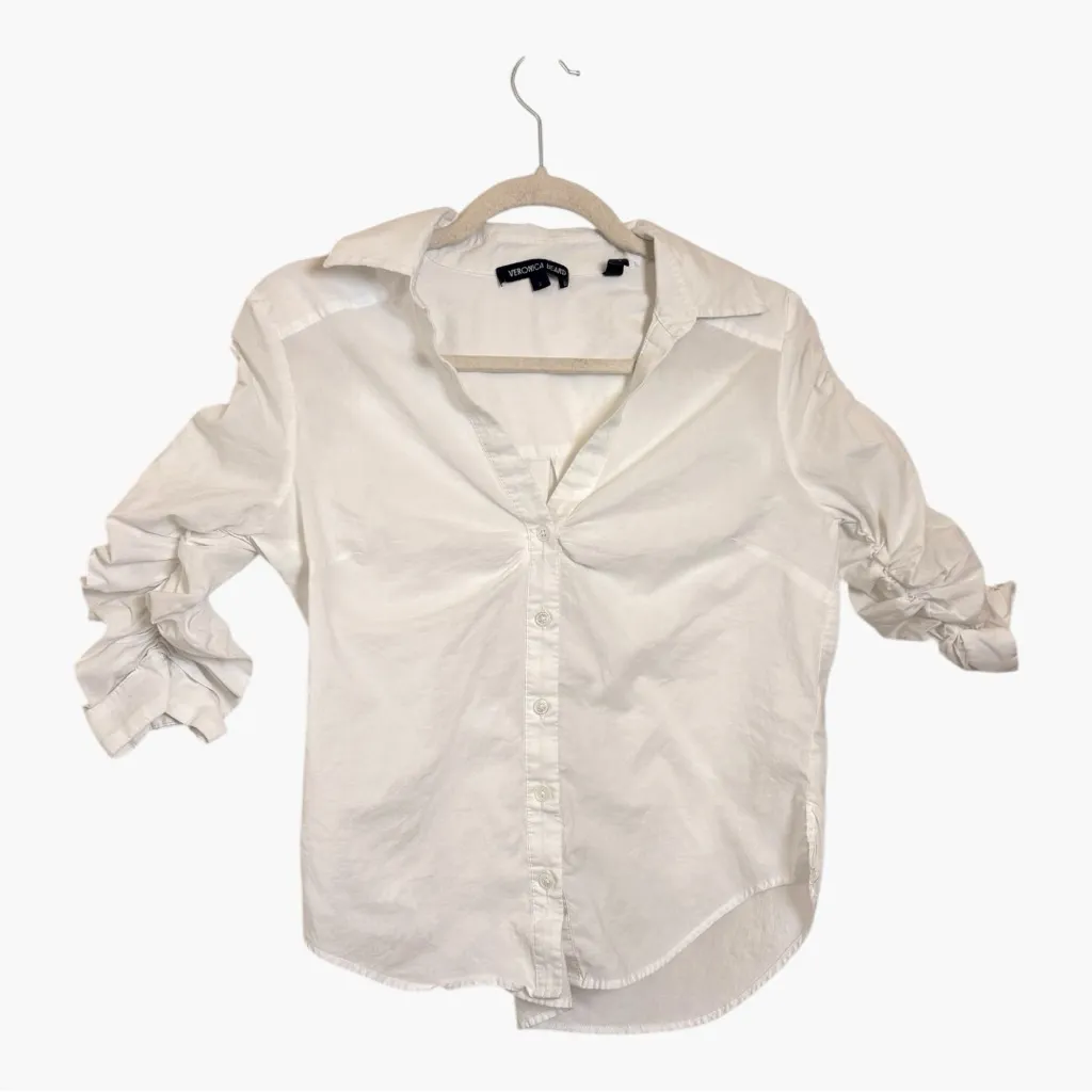 Veronica Beard Porta Ruched Button-Front Shirt White Cotton Blouse Size Small - Image 4