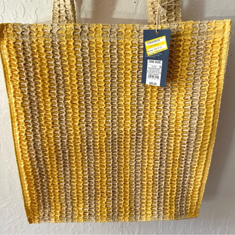 Universal Thread Striped Yellow Tan Straw Woven Beach Boho Bag - Image 3