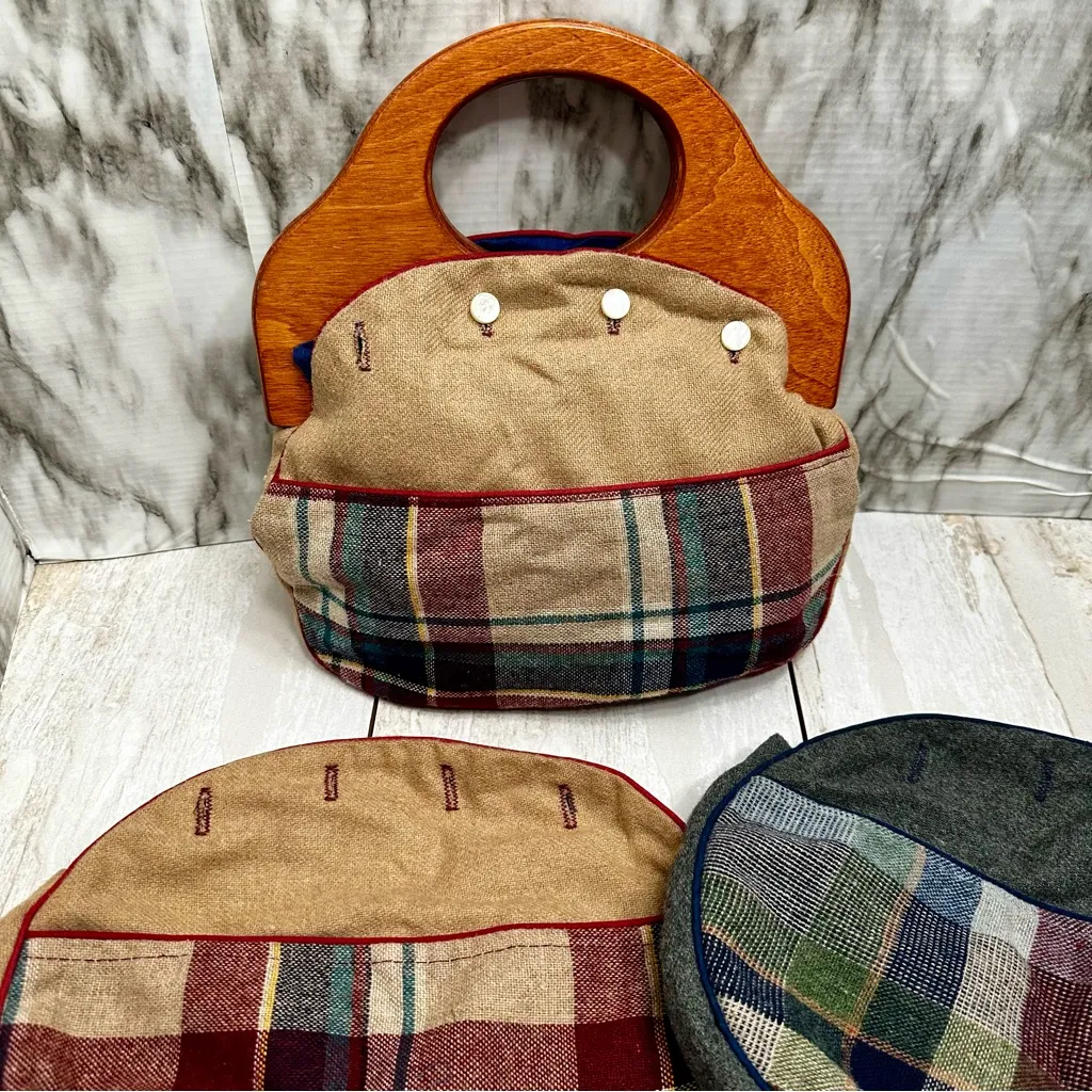 Vintage Tan Brown Plaid Handbag Wooden Handle Handbag Three Covers Preppy Vibe - Image 4