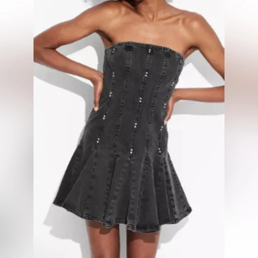 Wild Fable Women's  Pleated Cotton Black Denim/ Back Zip/Beaded Dress size small - Image 2