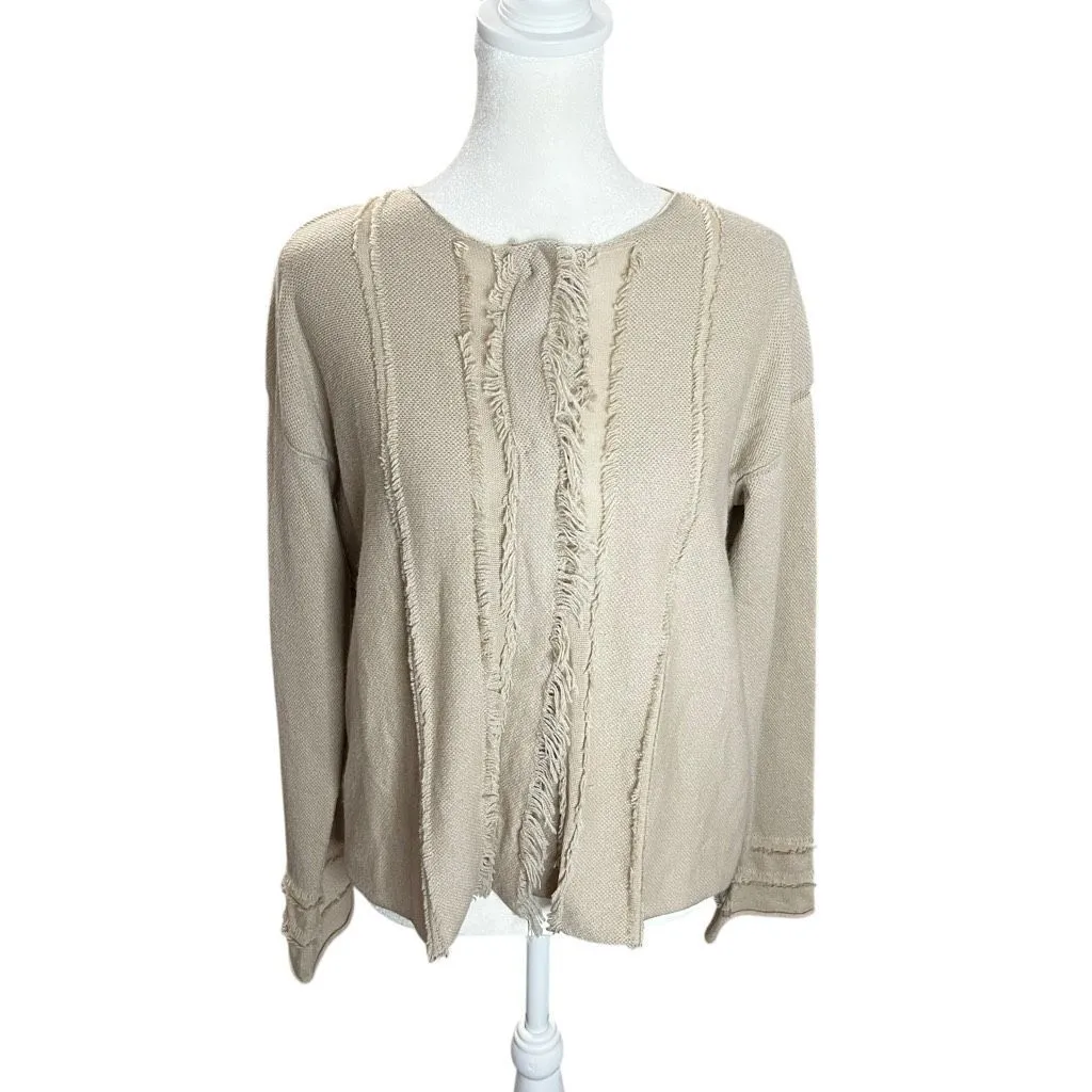 Lamberto Losani Beige Cashmere Cotton Fringe Snap Cardigan Jacket Medium Tan - Image 2