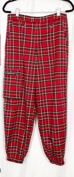 Hot Topic Red Plaid Jogger Cargo Pants Grunge Goth Punk Retro - Image 2