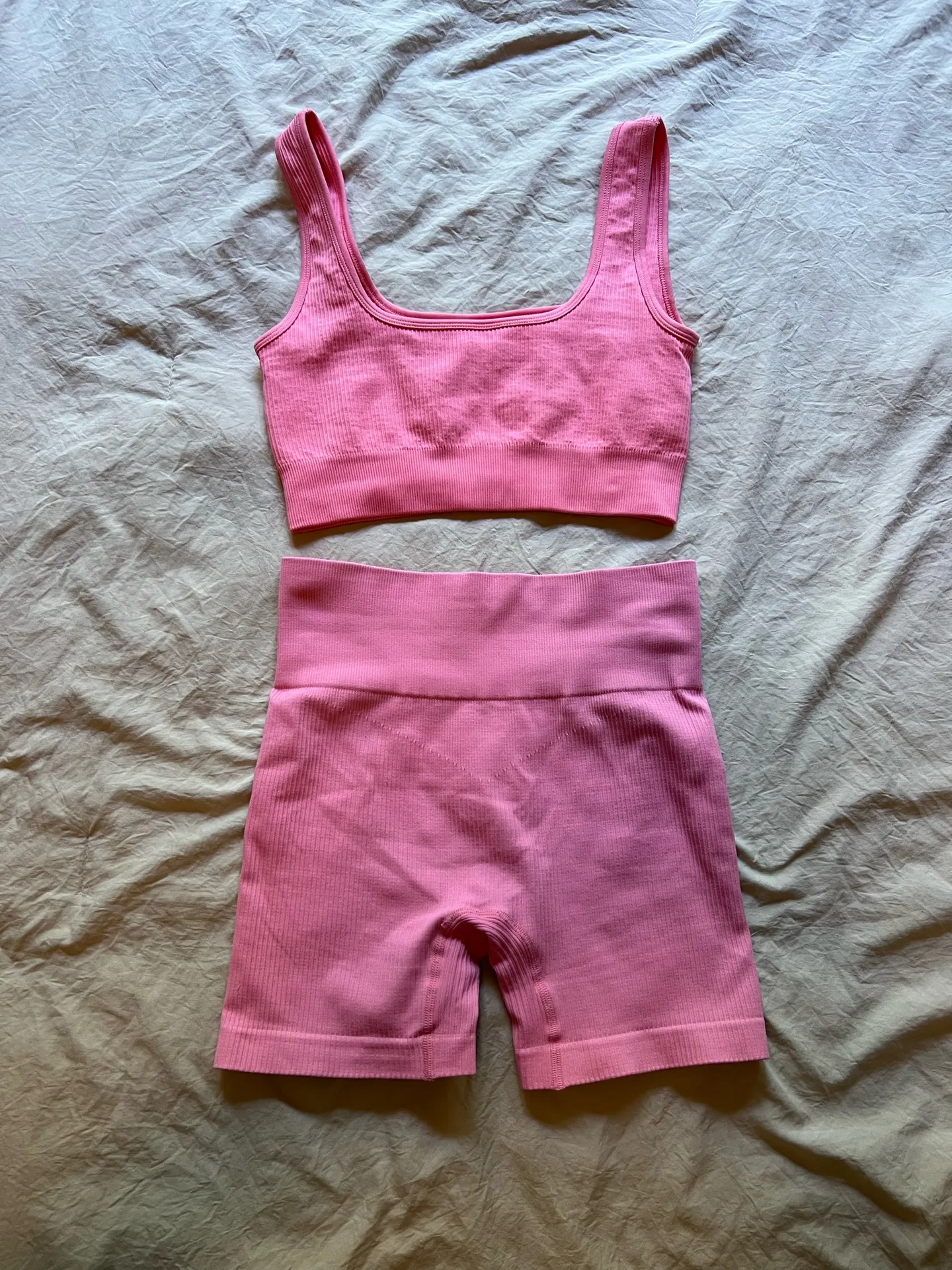 Pink seamless bike shorts and sports bra set from Amazon - Image 2
