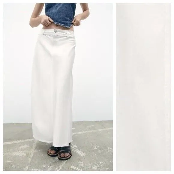 New Zara White Denim Maxi Skirt Size Medium Nautical Preppy Fairy Low Rise USA - Image 2