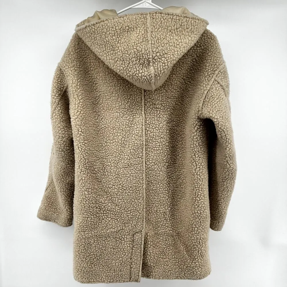 American Eagle Wool Teddy Jacket Coat Hood Mid Pockets Sherpa Vented Cream M Size M - Image 6