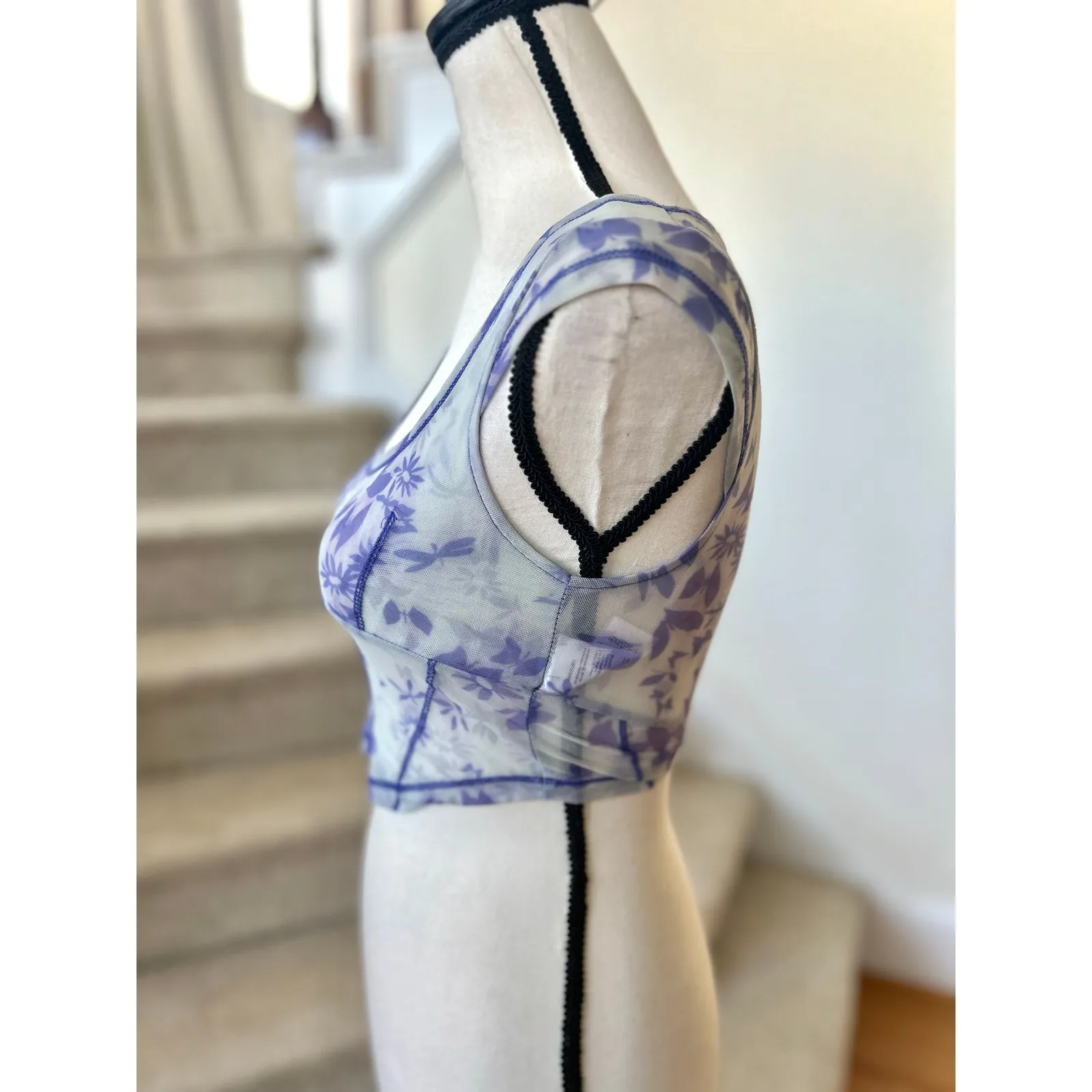 Urban Outfitters Purple Blue Floral Mesh Cropped Sheer Corset Fairy Whimsygoth - Image 2