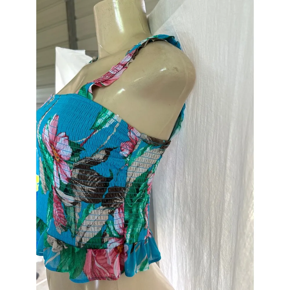 Express Smocked Tube Top Floral Print Ruffle Trim Sleeveless Blue Size S - Image 2