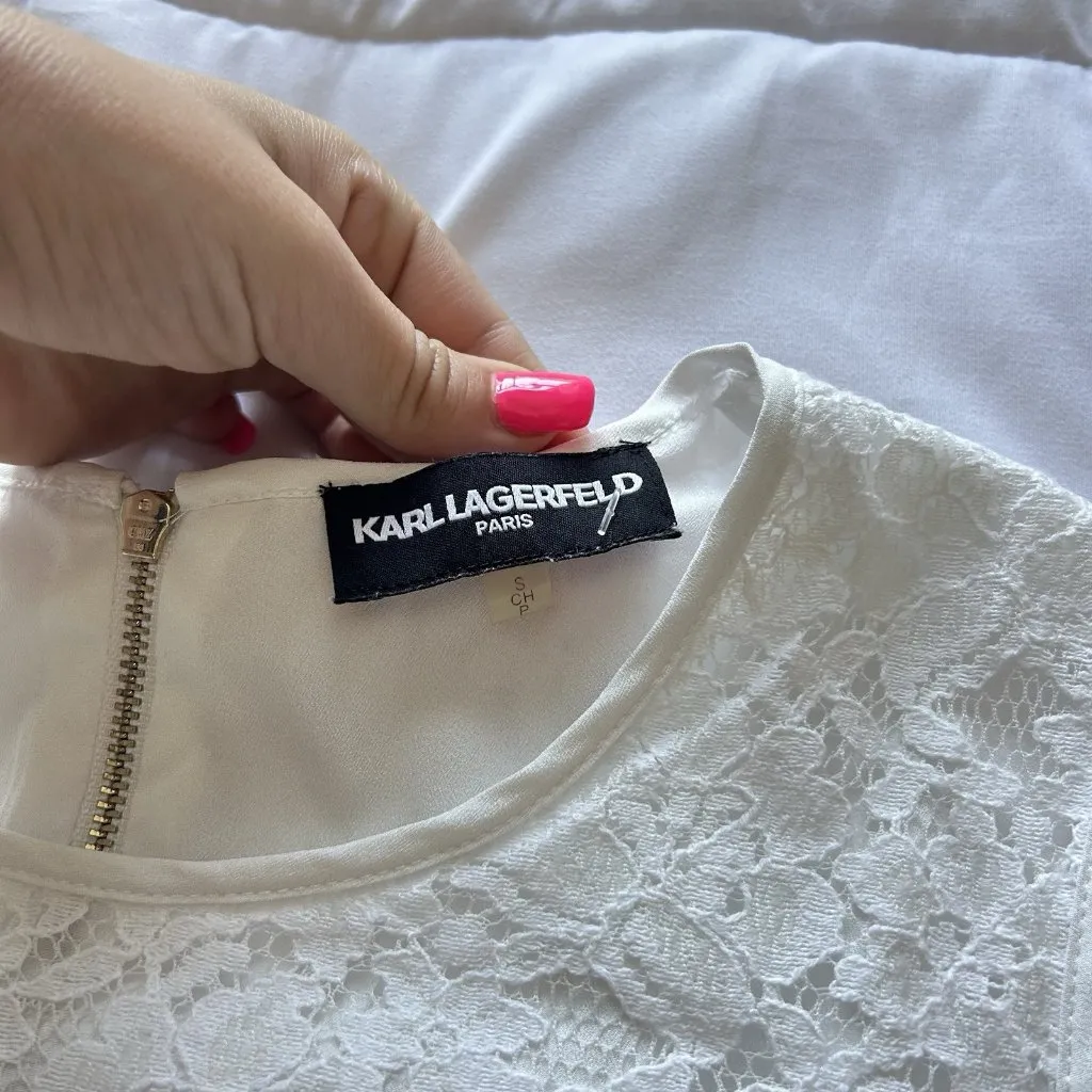 Karl Lagerfeld White Lace Sleeveless Tank Top Womens Small Zipper High Neck - Image 2