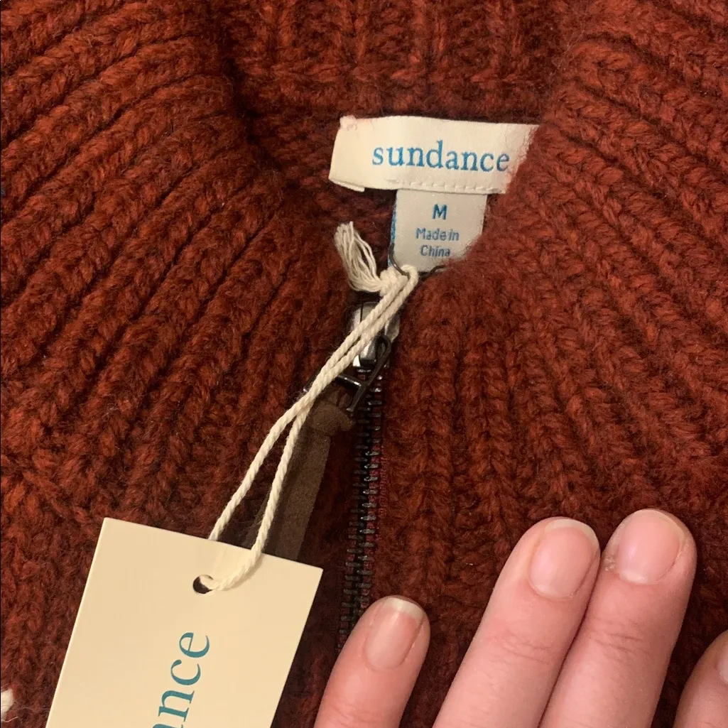 NWT Sundance Wool Blend Maroon White Heavy Knit Pattern Chunky Bomber Sweater M - Image 7