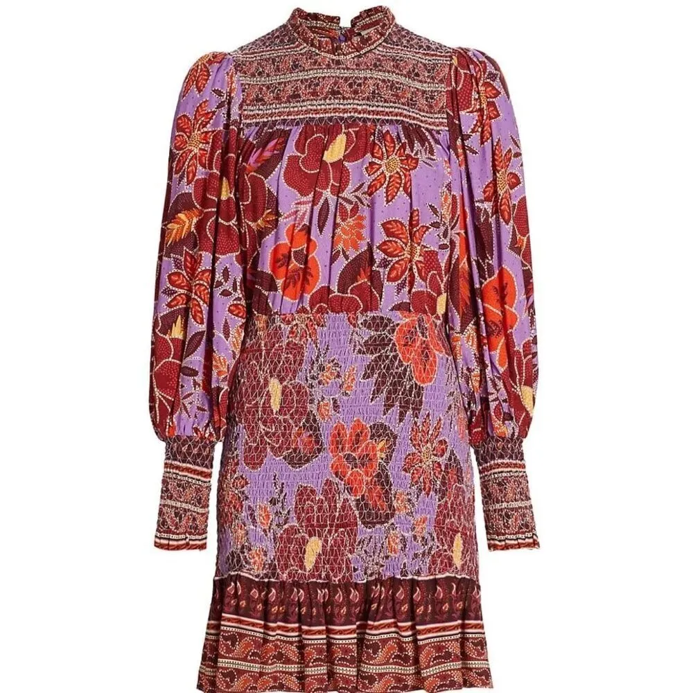 Farm Rio Sweet Floral Long Sleeve Mini Dress Smocked in Lilac Purple Red Size S - Image 12