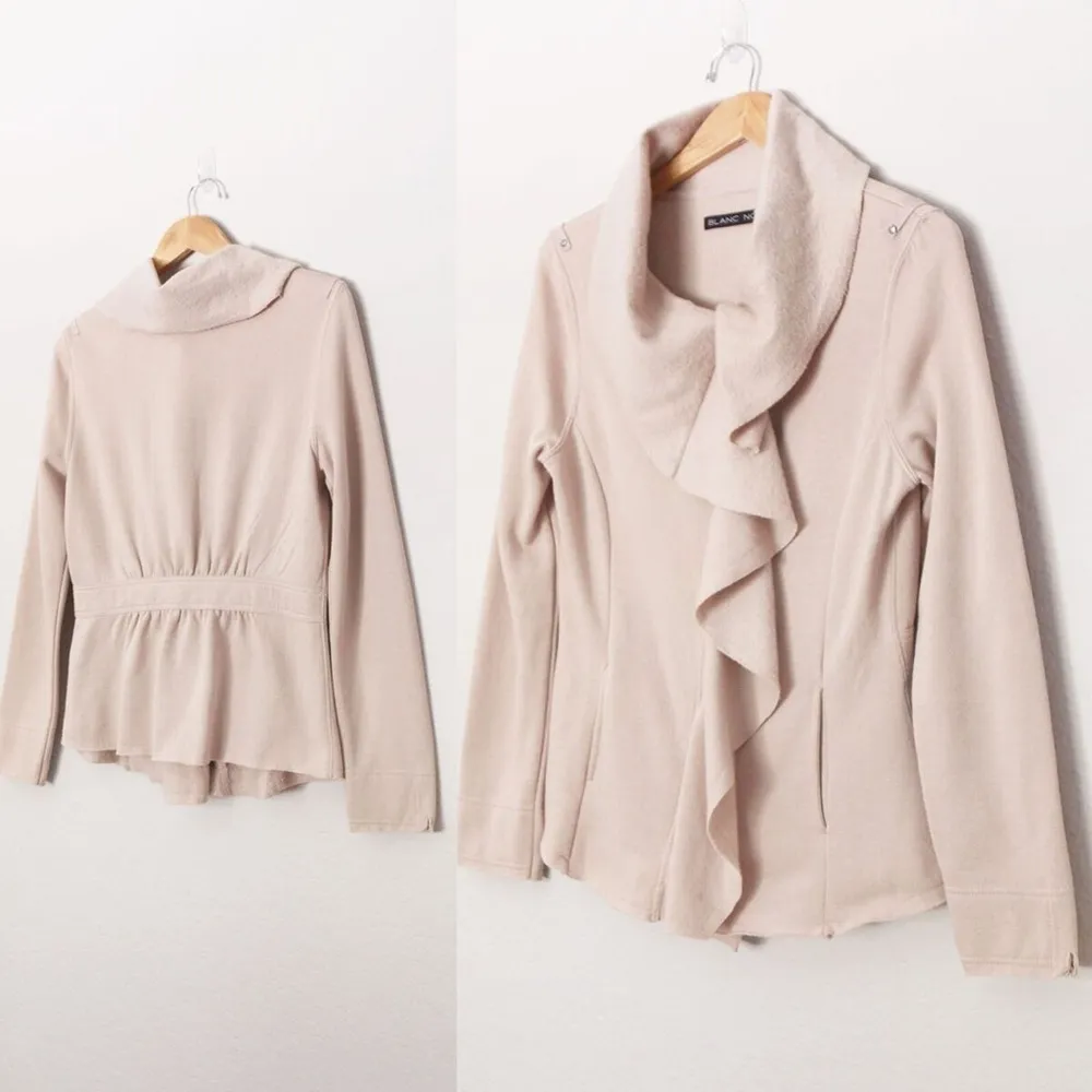 Blanc Noir Taupe Beige Asymmetric Ruffle Zip Up Soft Cozy Fleece Biker Jacket S - Image 11