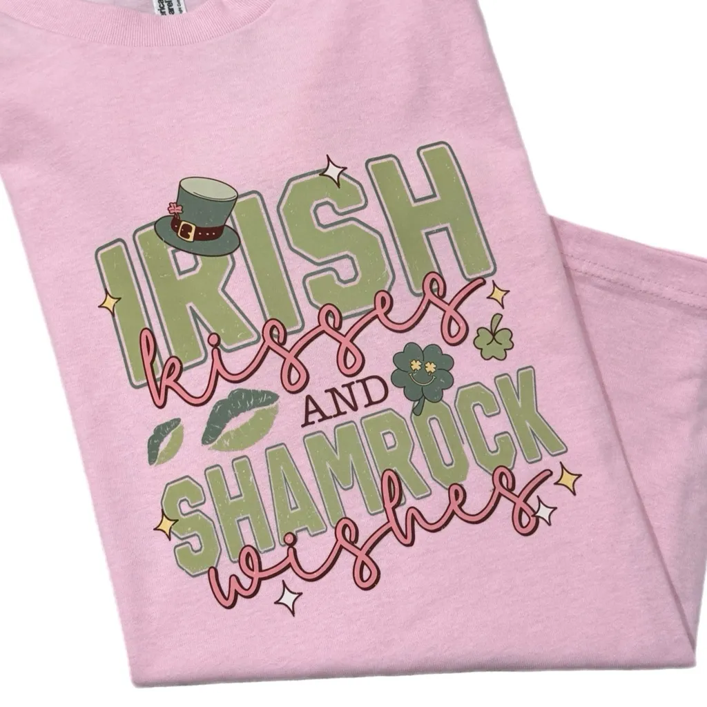 Irish Kisses & Shamrock Wishes Graphic Tee St Pattys Pink American Apparel Sz S - Image 3