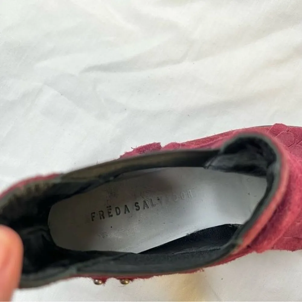 Freda Salvador Burgundy Suede Fringe Chelsea Western Buckle Ankle Boots size 7 Red - Image 11