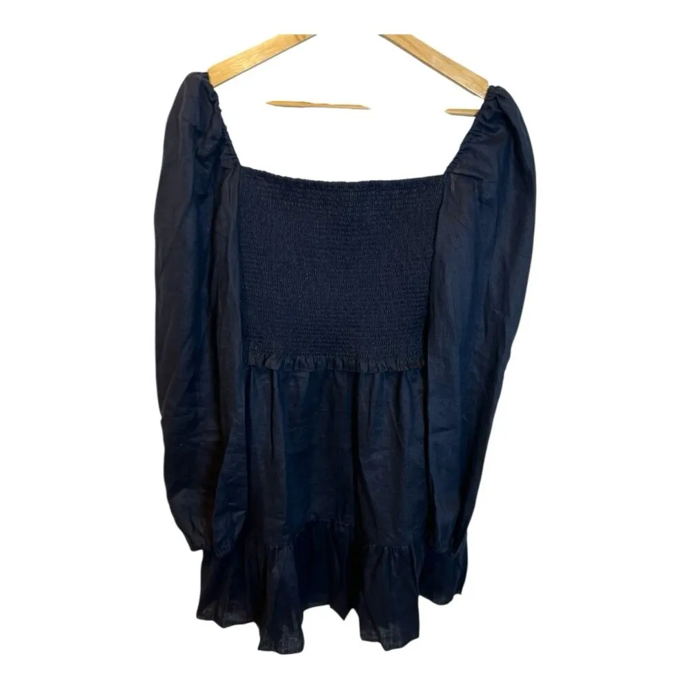 Quince 100% European Linen Smocked Mini Dress Large Navy Blue Puff Sleeves - Image 4