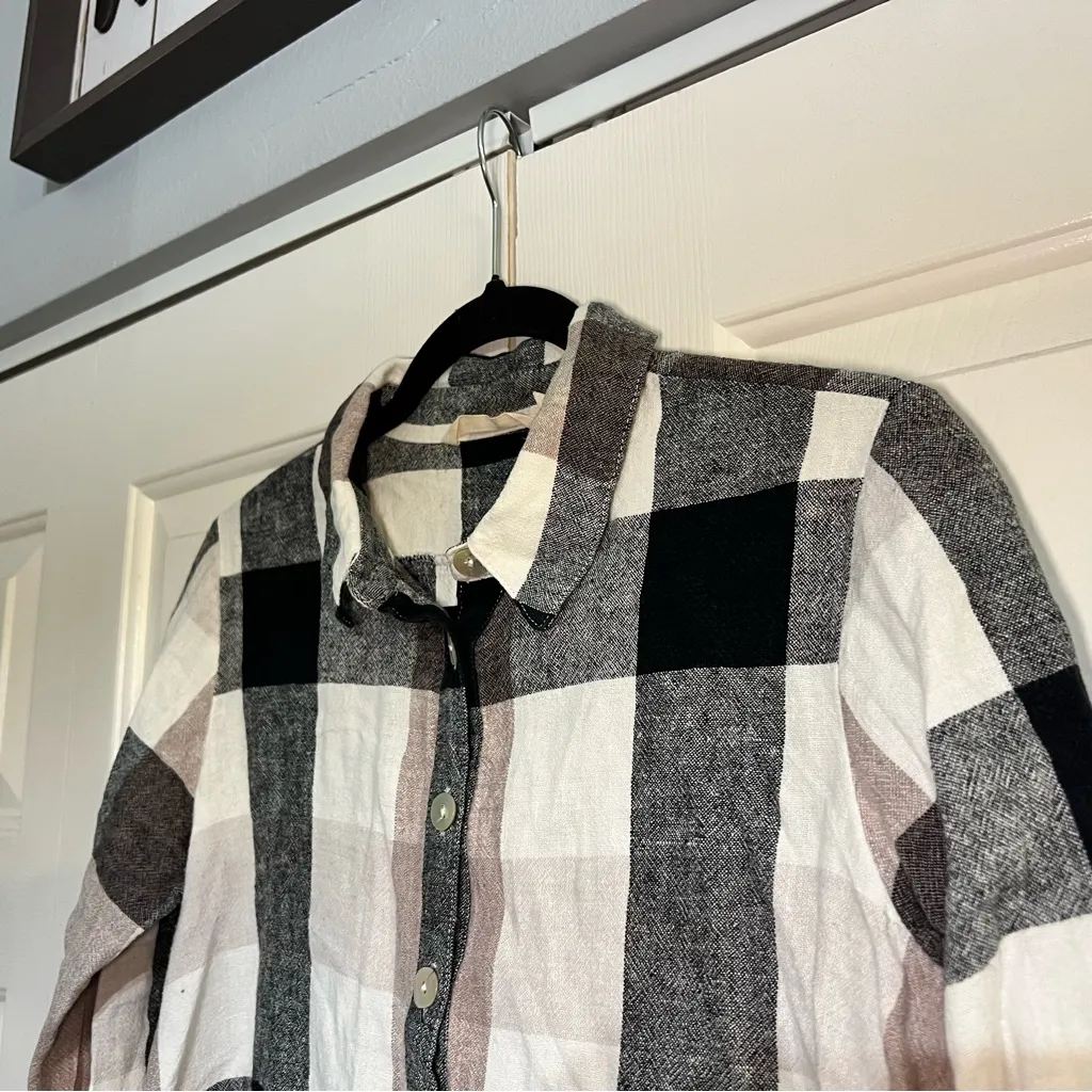 Soft Surroundings Carreaux Linen Blend Black Plaid Blouse Top Zipper Back Small - Image 4