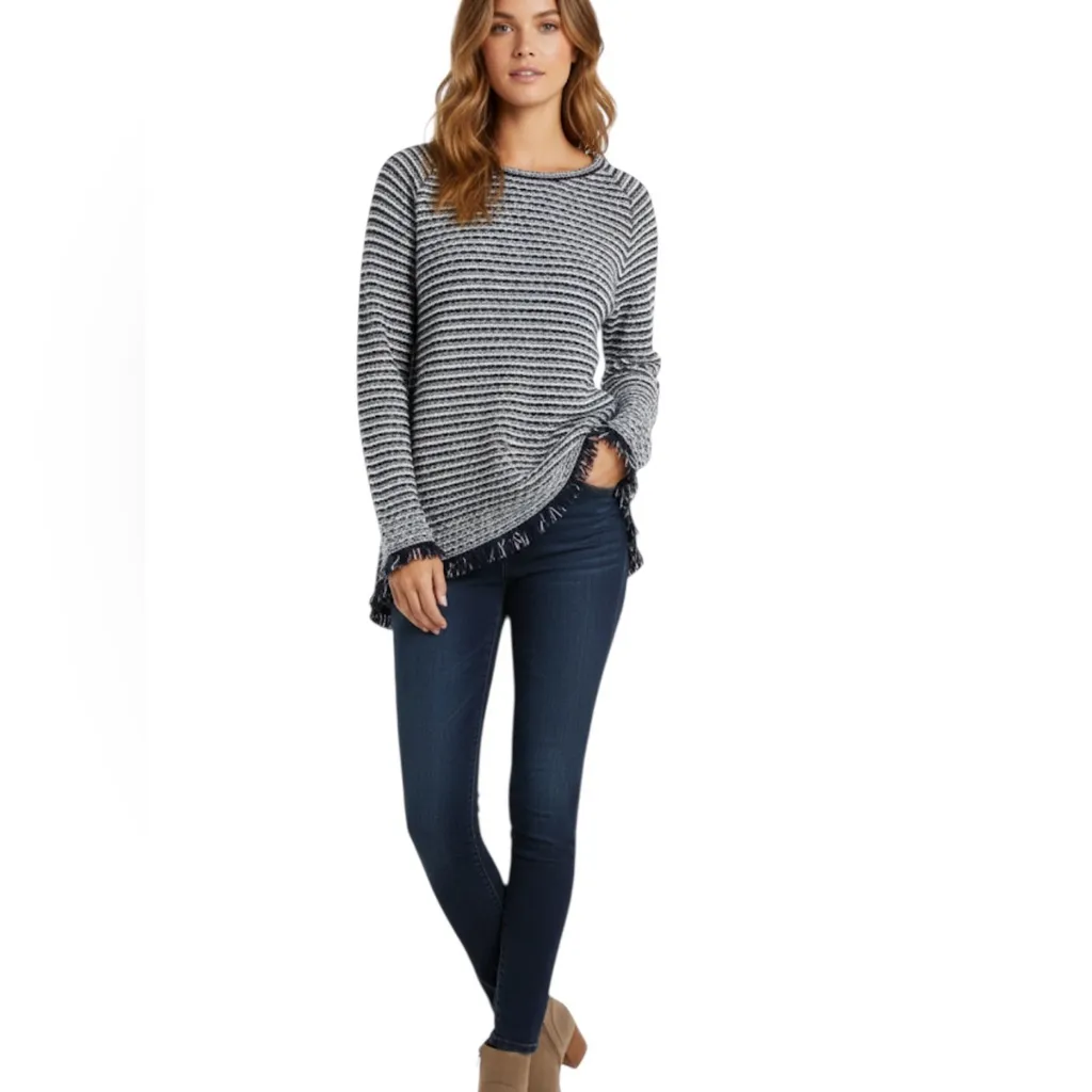 Kinross Cotton White & Navy Lattice Knit Cotton Sweater Size XS Blue - Image 11