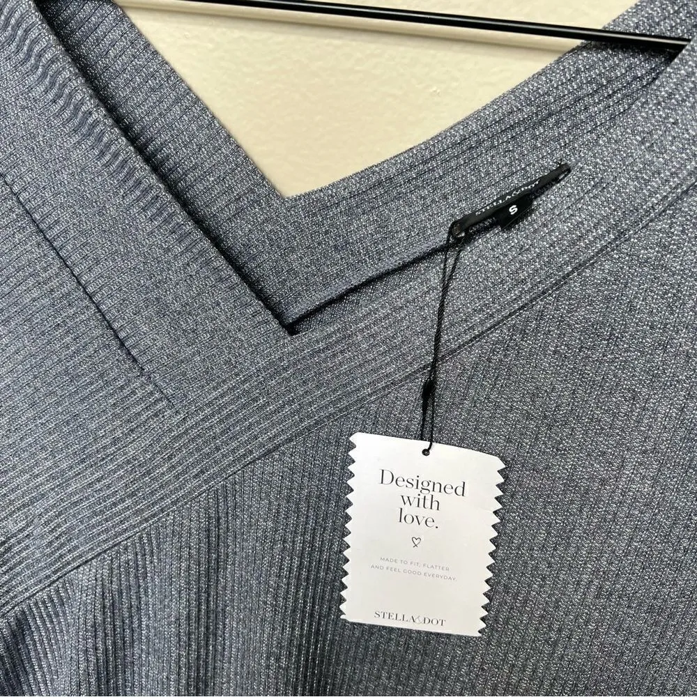 Stella & Dot Asymmetrical Ribbed Double V Sweater NWT Chambray Blue Grey Small - Image 6