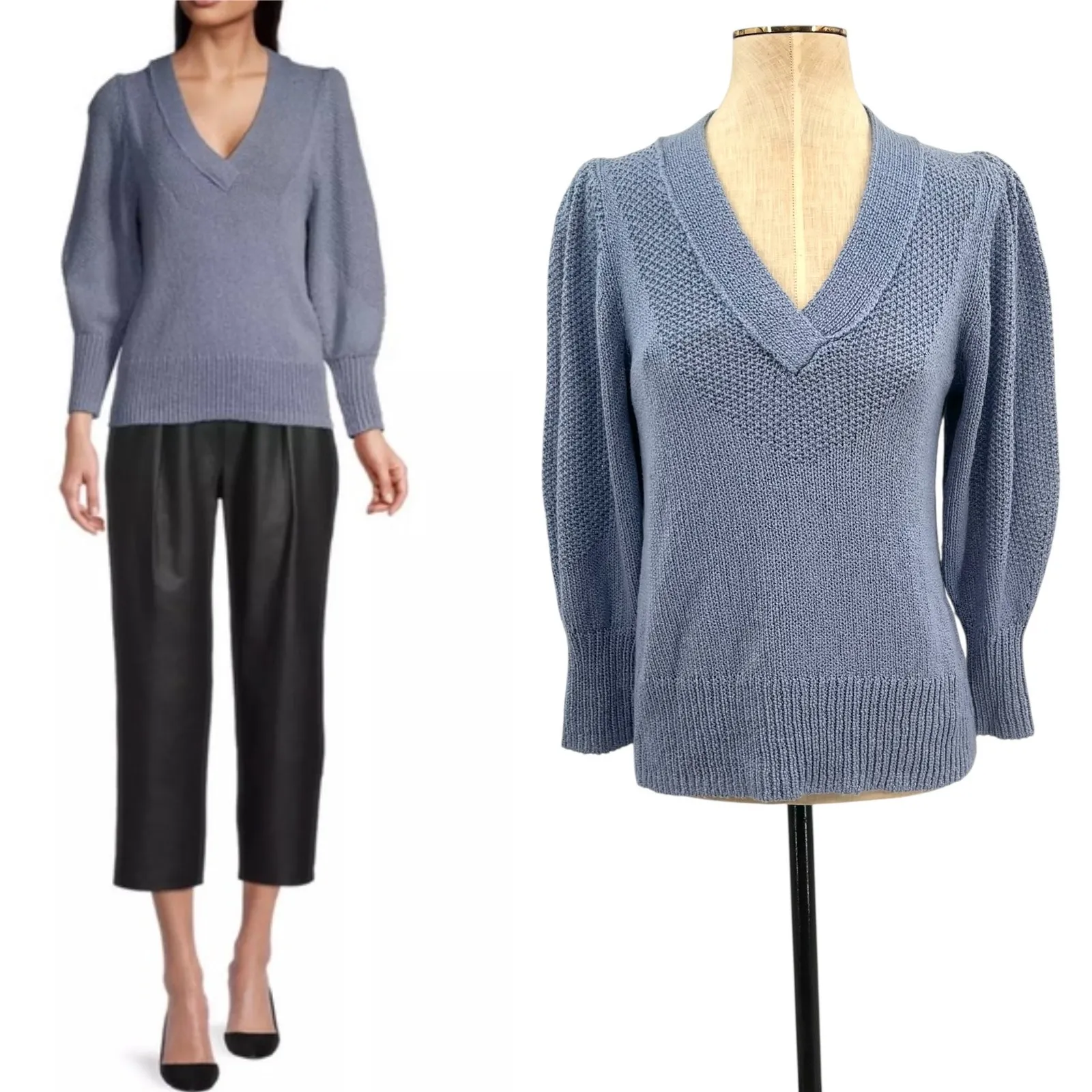 Brochu Walker Saskia Relaxed V-neck‎ Sweater Cotton Wool Blue Size Small - Image 2