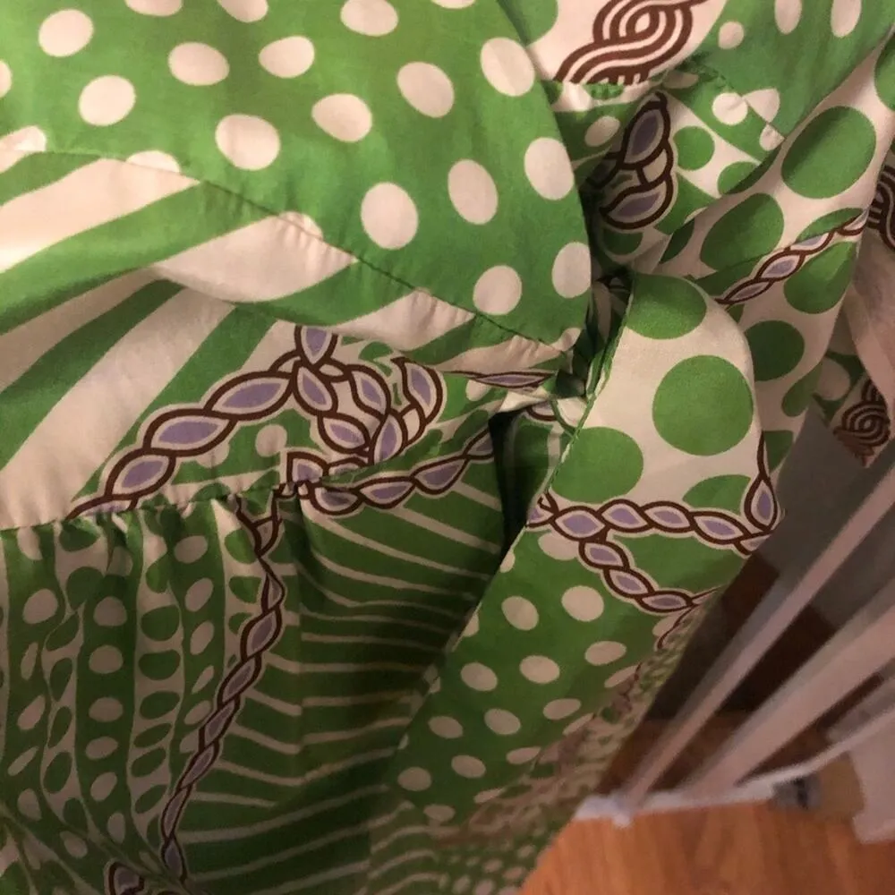 Tibi Green Silk Short Sleeve Wrap Dress V Neck Womens 2 Polka Dot Trad Wife - Image 7