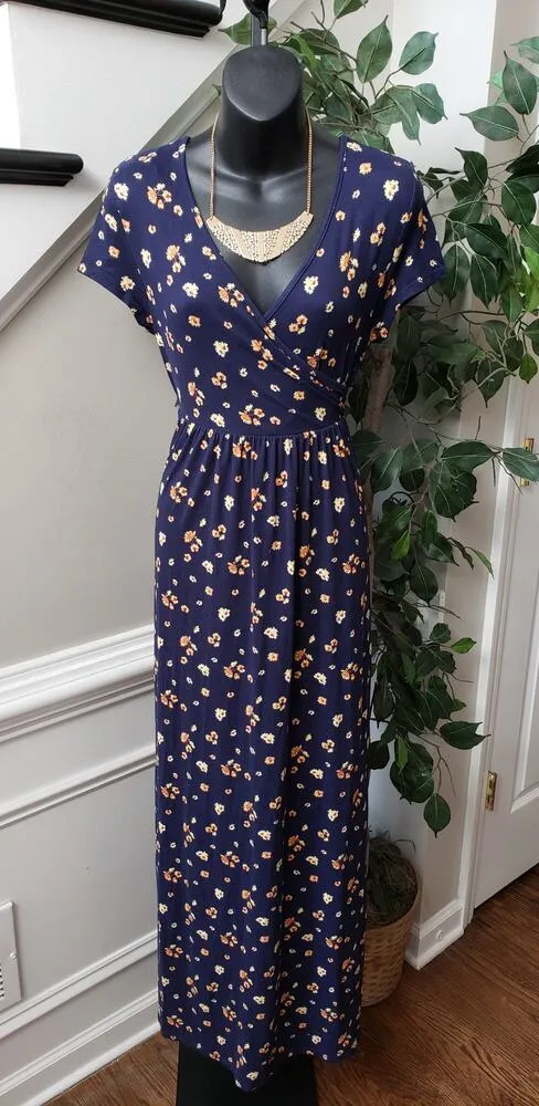 Nine Britton Long Maxi Dress Women's S Blue Floral Polyester Short Sleeve V-Neck - Image 1