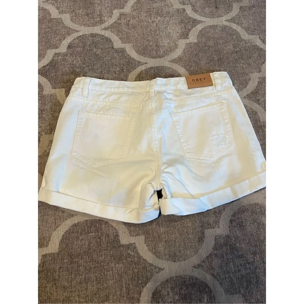 Obey cuffed denim jean shorts size 29 in white - Image 3