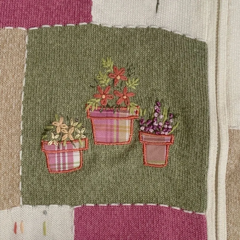 Vintage 90s Embroidered Cardigan Oatmeal Patchwork Light Pink Floral Knit Zipper Size M - Image 11