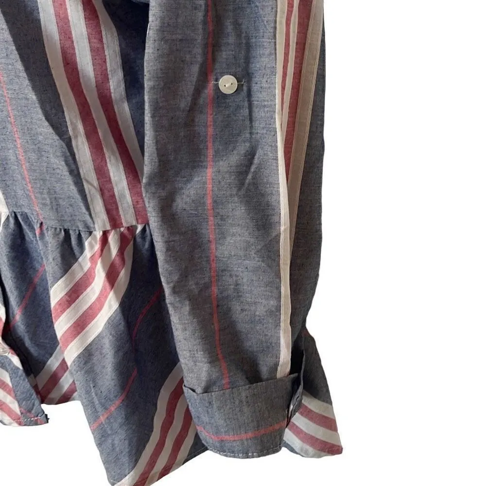 𝅺Love Notes EUC Red White Blue Stripe Button Down Peplum Cuff Sleeve Blouse Sz L - Image 4