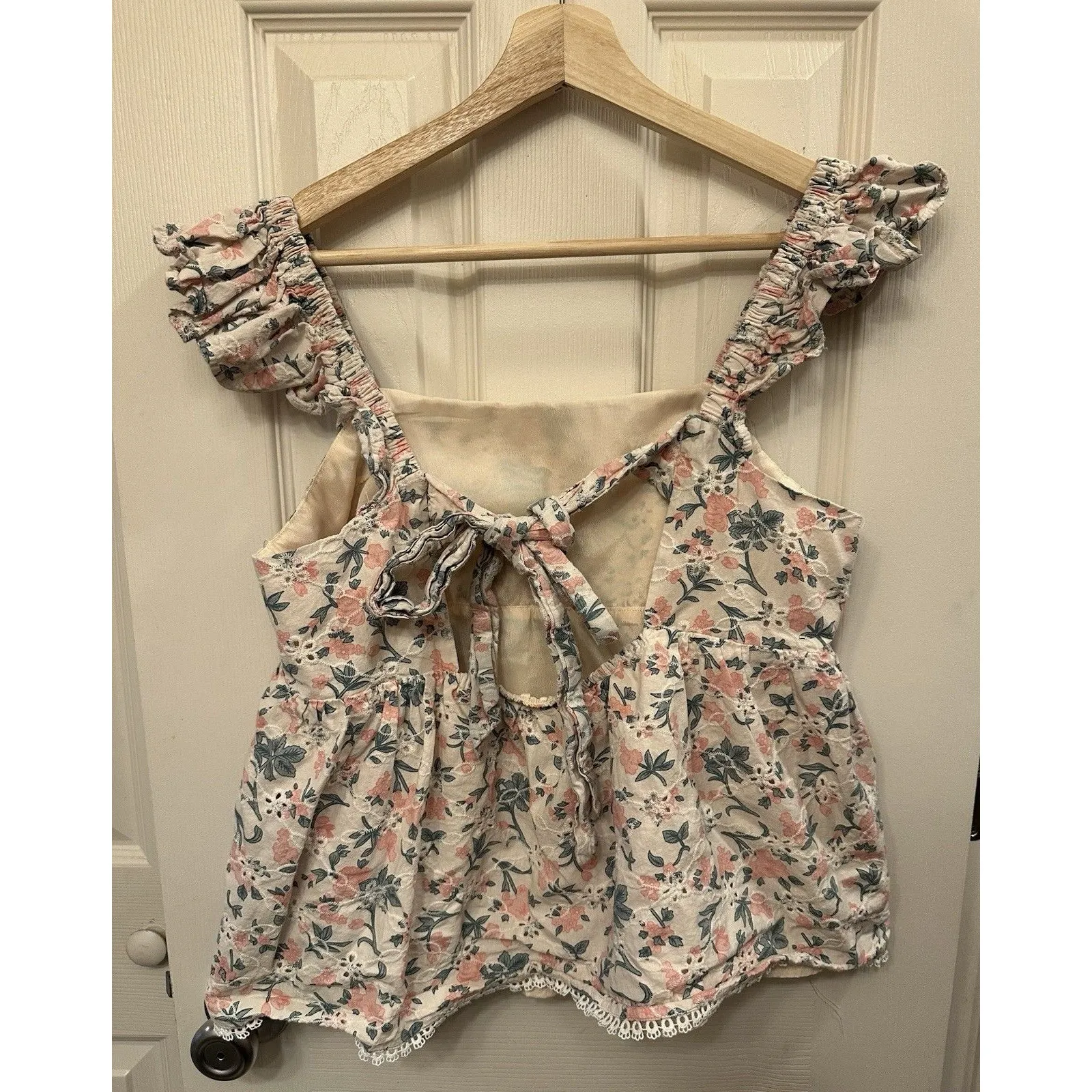 &Merci Large Blouse Top‎ Floral Ruffle Babydoll Tank Tie Bow Back 100% Cotton - Image 2