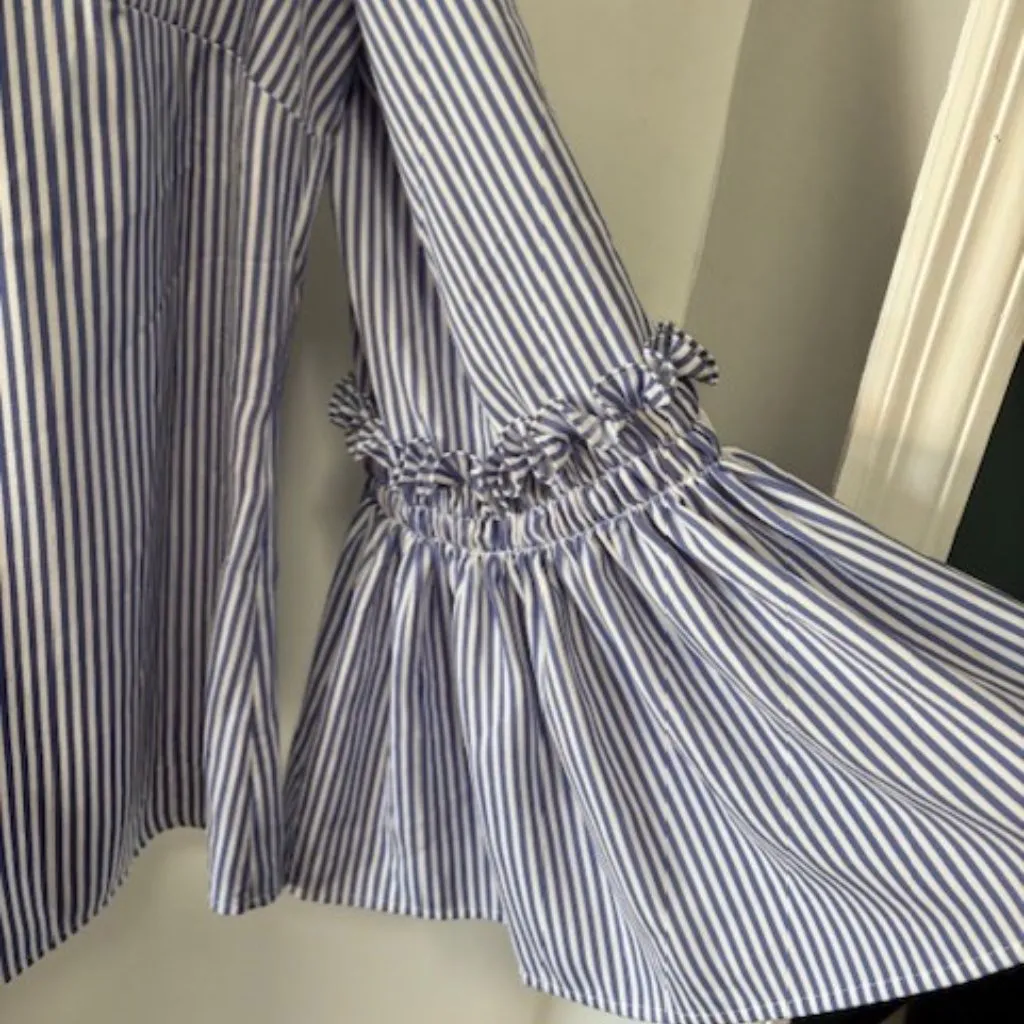 Hilary Radley Blouse Blue White Striped M 3/4 Bell Sleeve V Neck Boho Casual - Image 3